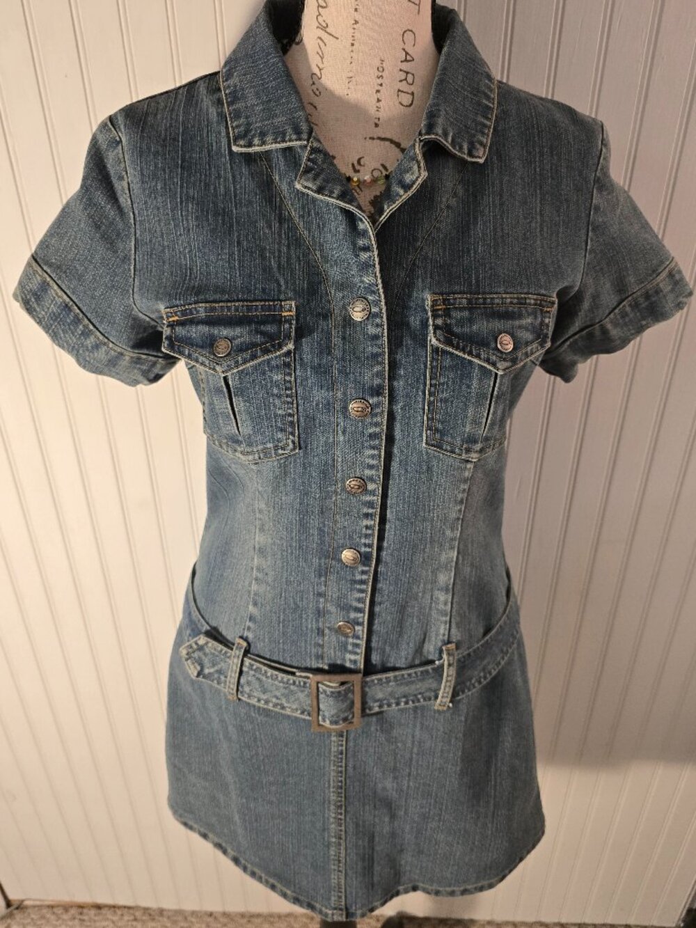 Weather Vane Mini Denim Dungaree Dress – Dropped Waist + Belt (M)